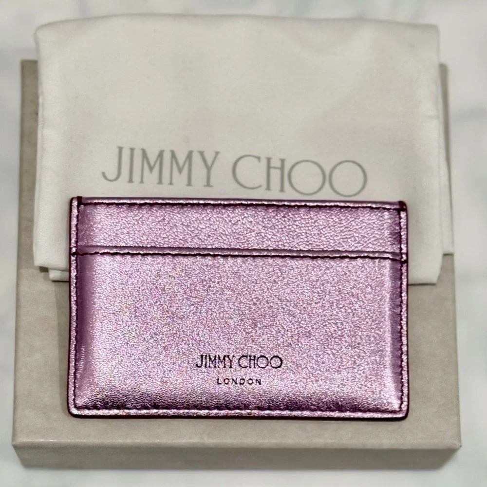 JIMMY CHOO Leather Metallic Lavender Lilac Card Holder logo Wallet NEW